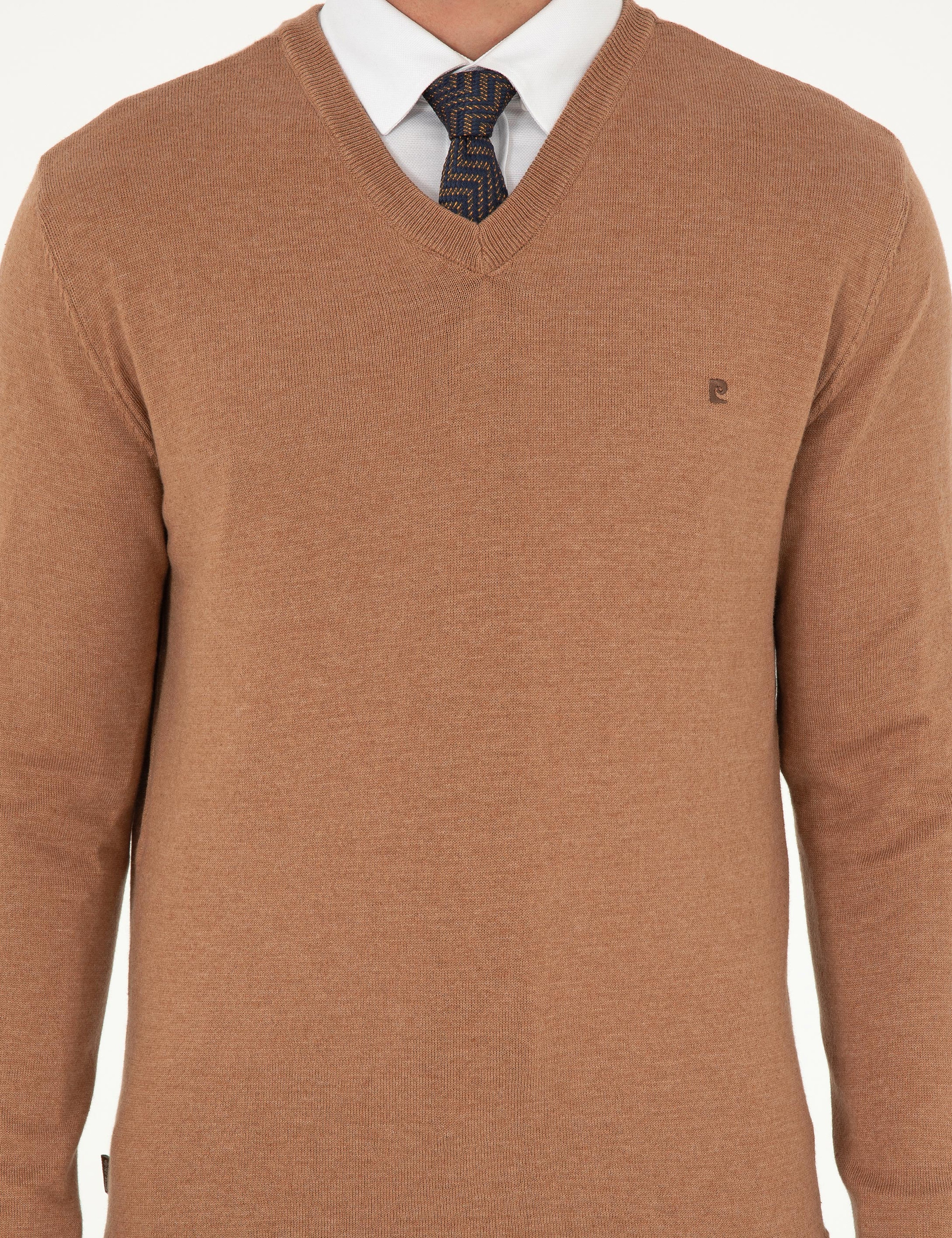 Camel Melanj Slim Fit V Yaka Basic Triko Kazak