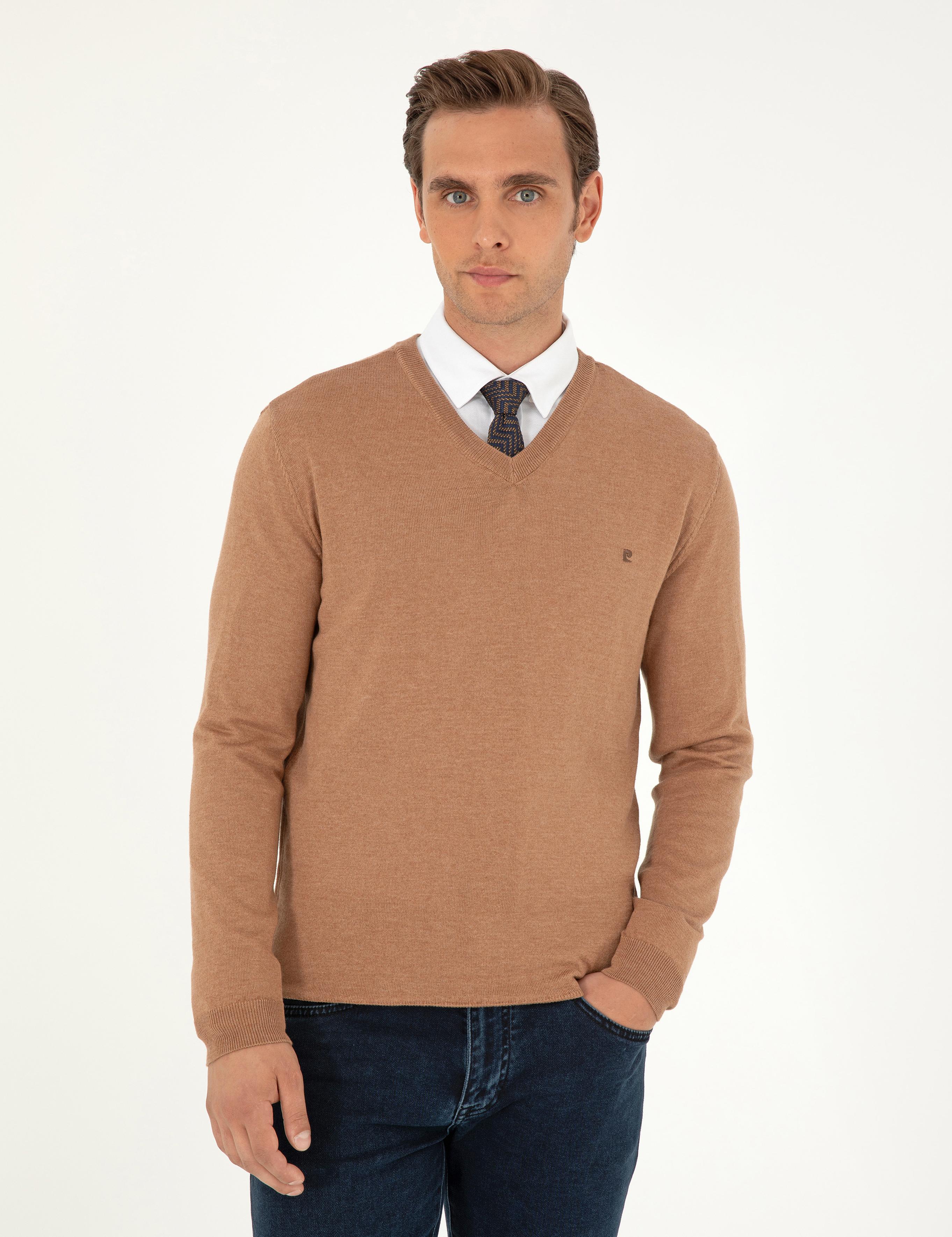 Camel Melanj Slim Fit V Yaka Basic Triko Kazak