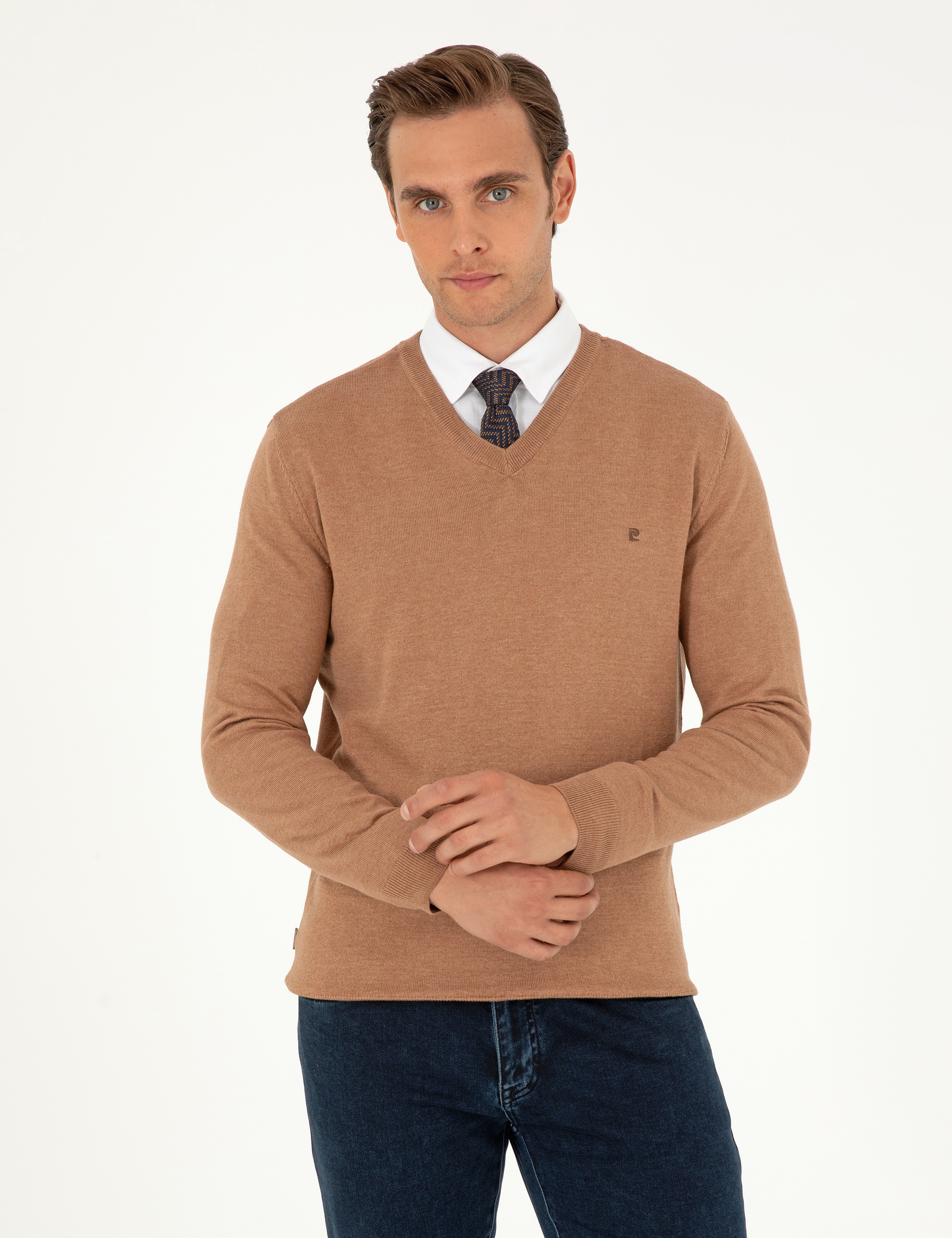 Camel Melanj Slim Fit V Yaka Basic Triko Kazak - Image 1