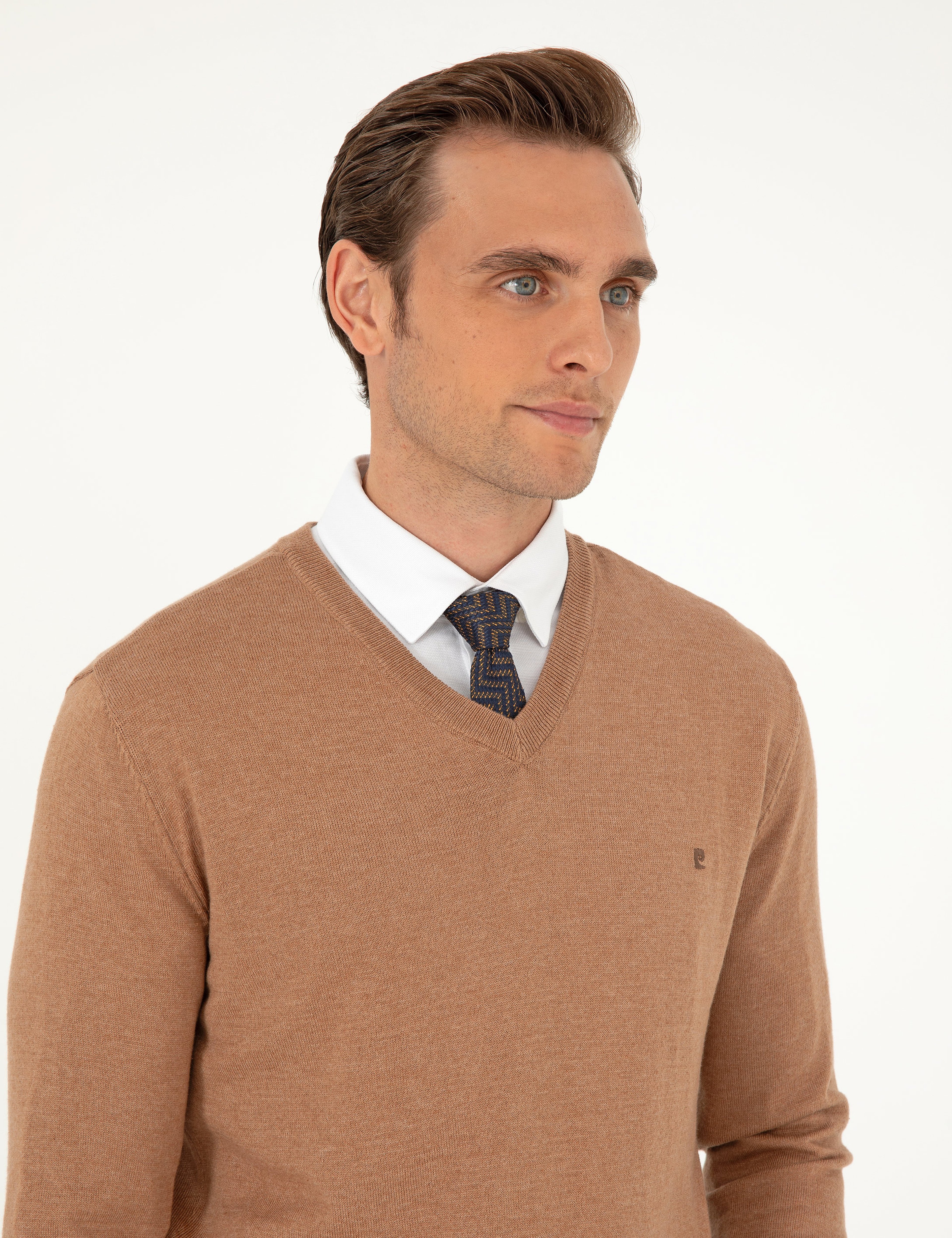 Camel Melanj Slim Fit V Yaka Basic Triko Kazak