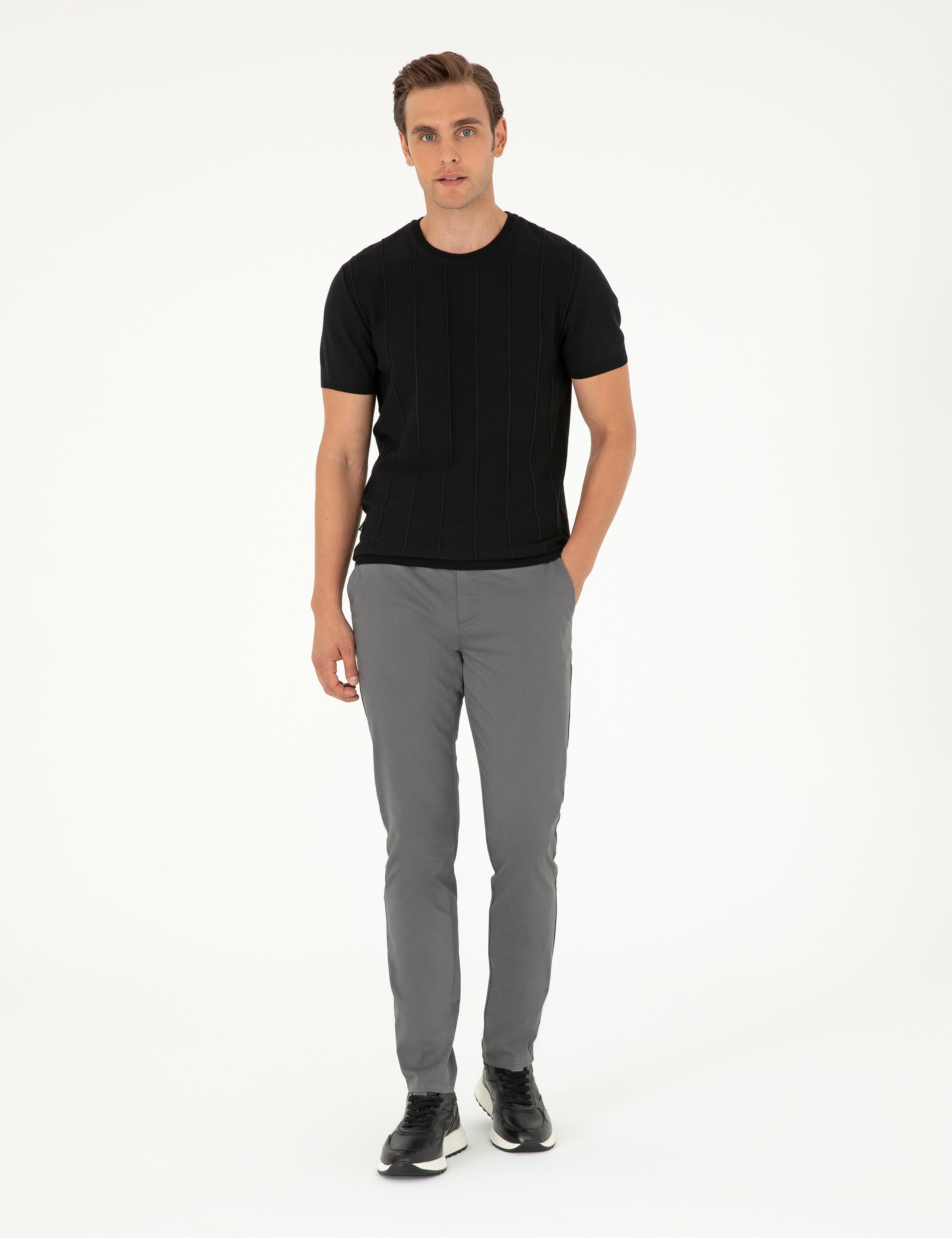 Gri Slim Fit Basic Kanvas Pantolon - Image 3