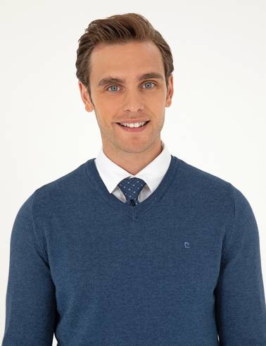 İndigo Melanj Slim Fit V Yaka Basic Triko Kazak