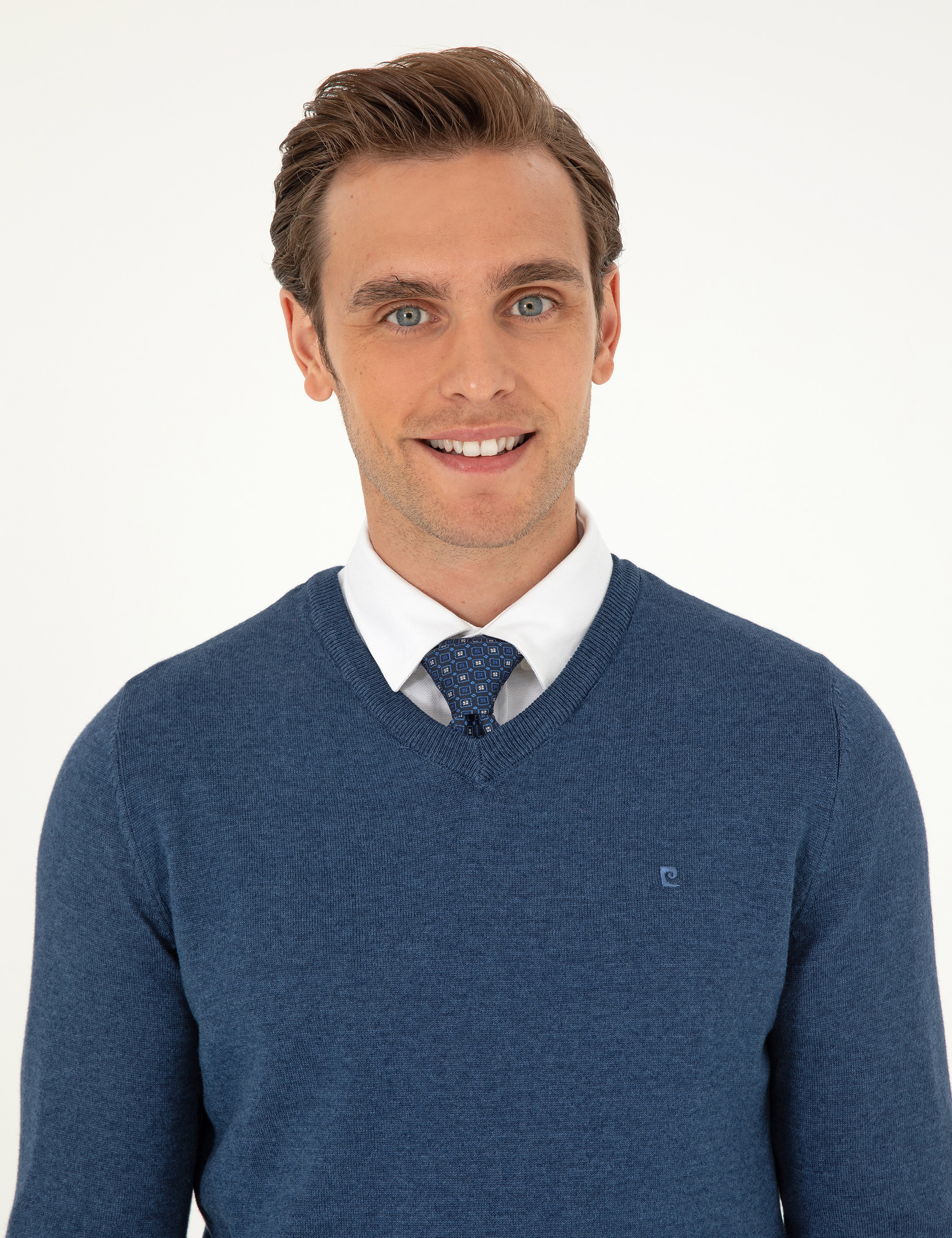 İndigo Melanj Slim Fit V Yaka Basic Triko Kazak - Image 2