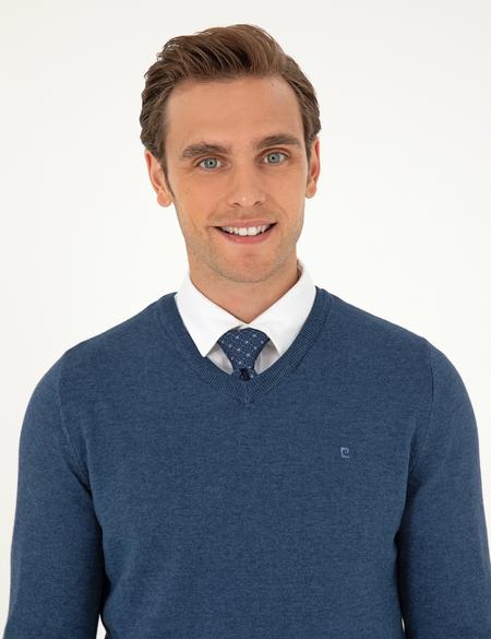 İndigo Melanj Slim Fit V Yaka Basic Triko Kazak - 50296622057