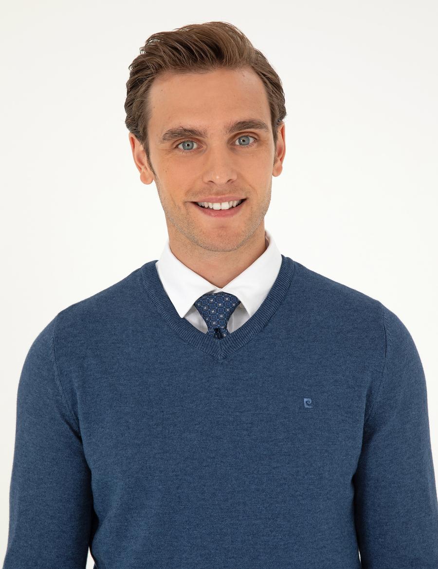 İndigo Melanj Slim Fit V Yaka Basic Triko Kazak