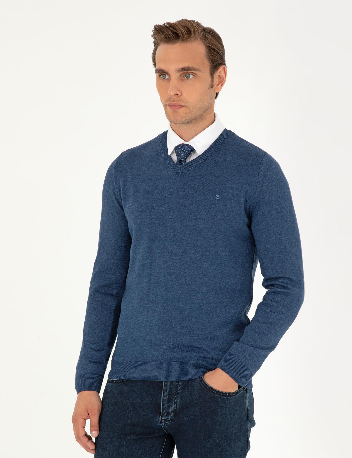 İndigo Melanj Slim Fit V Yaka Basic Triko Kazak