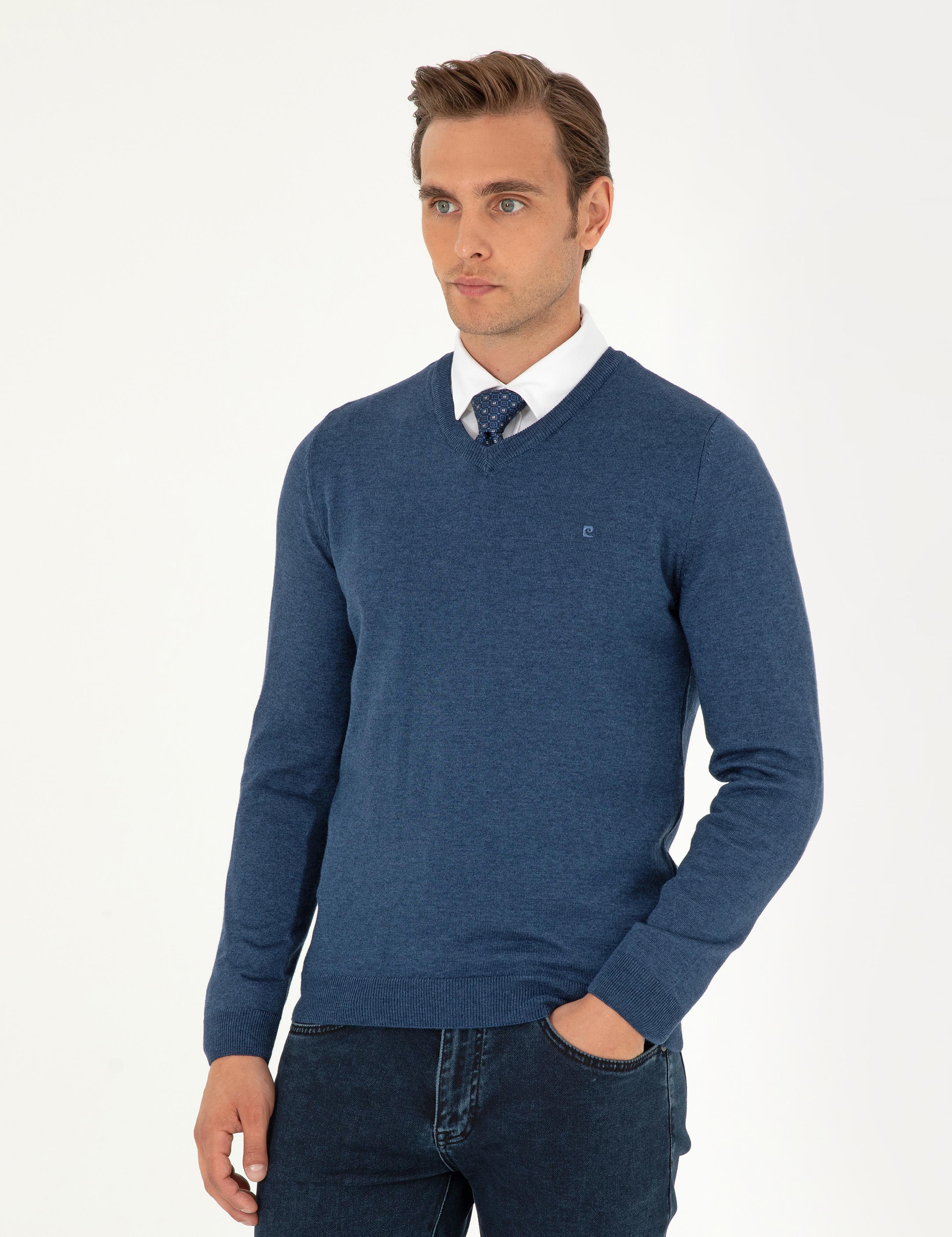 İndigo Melanj Slim Fit V Yaka Basic Triko Kazak