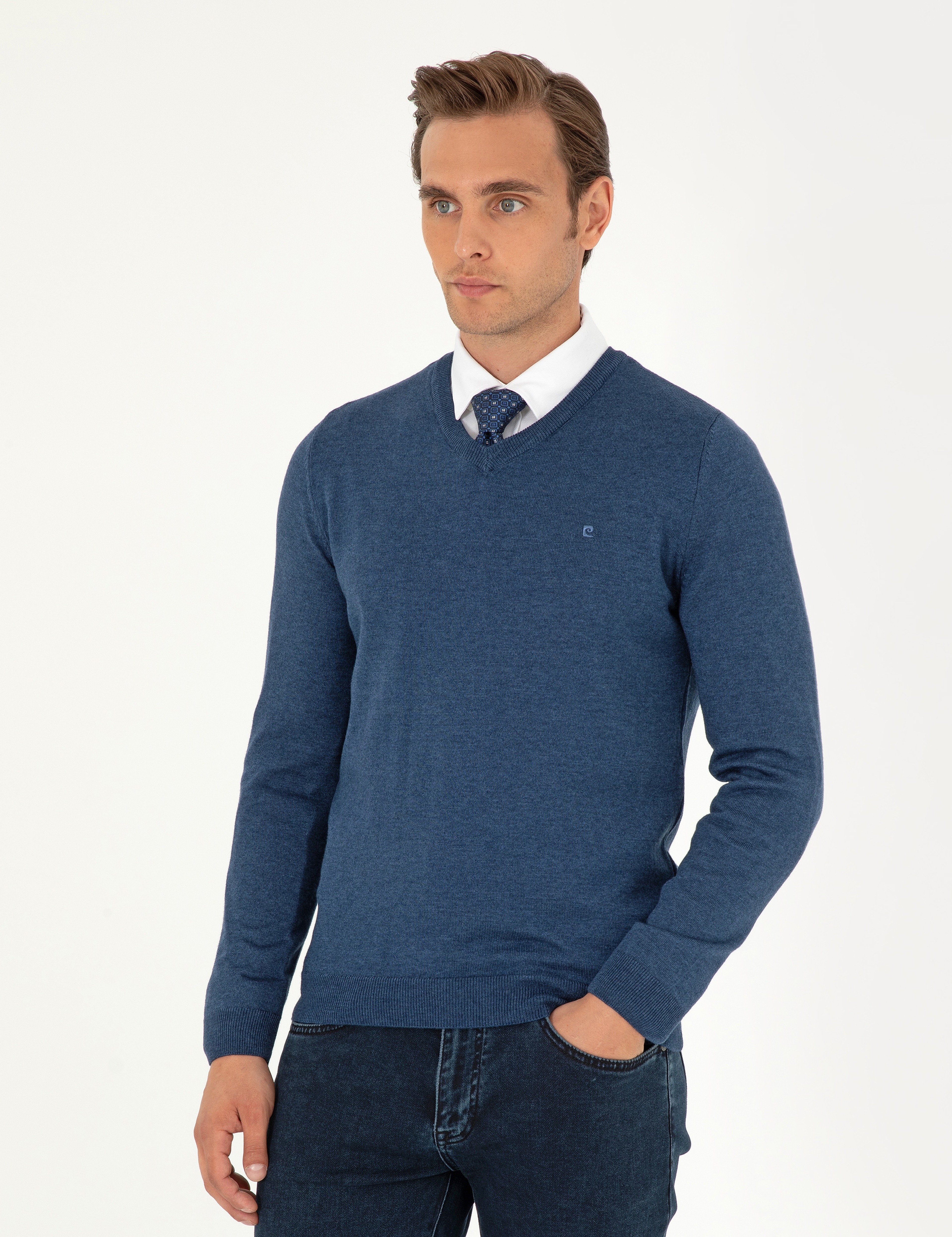 İndigo Melanj Slim Fit V Yaka Basic Triko Kazak - Image 1