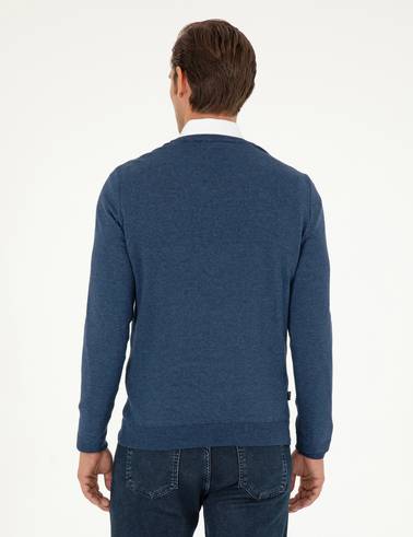 İndigo Melanj Slim Fit V Yaka Basic Triko Kazak