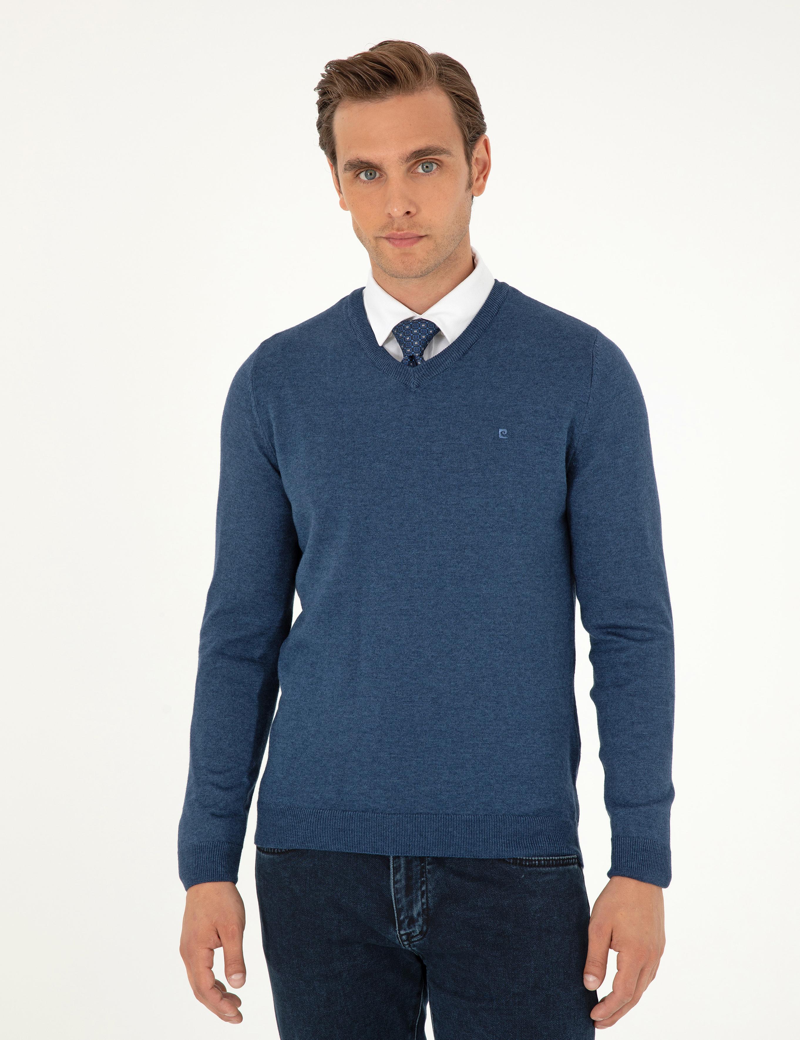 İndigo Melanj Slim Fit V Yaka Basic Triko Kazak