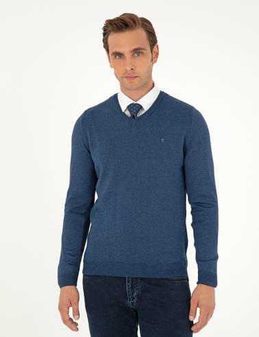 İndigo Melanj Slim Fit V Yaka Basic Triko Kazak