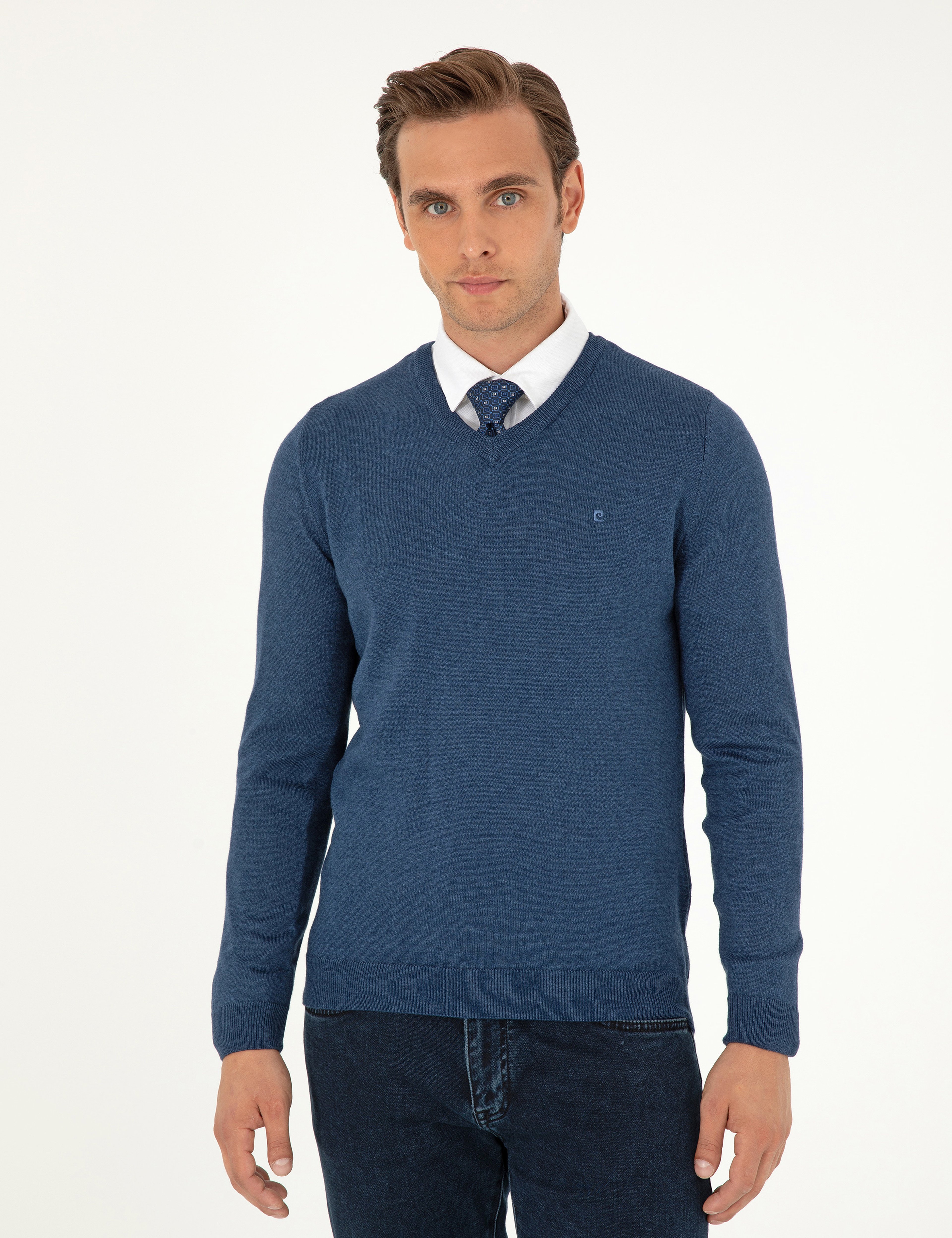 İndigo Melanj Slim Fit V Yaka Basic Triko Kazak