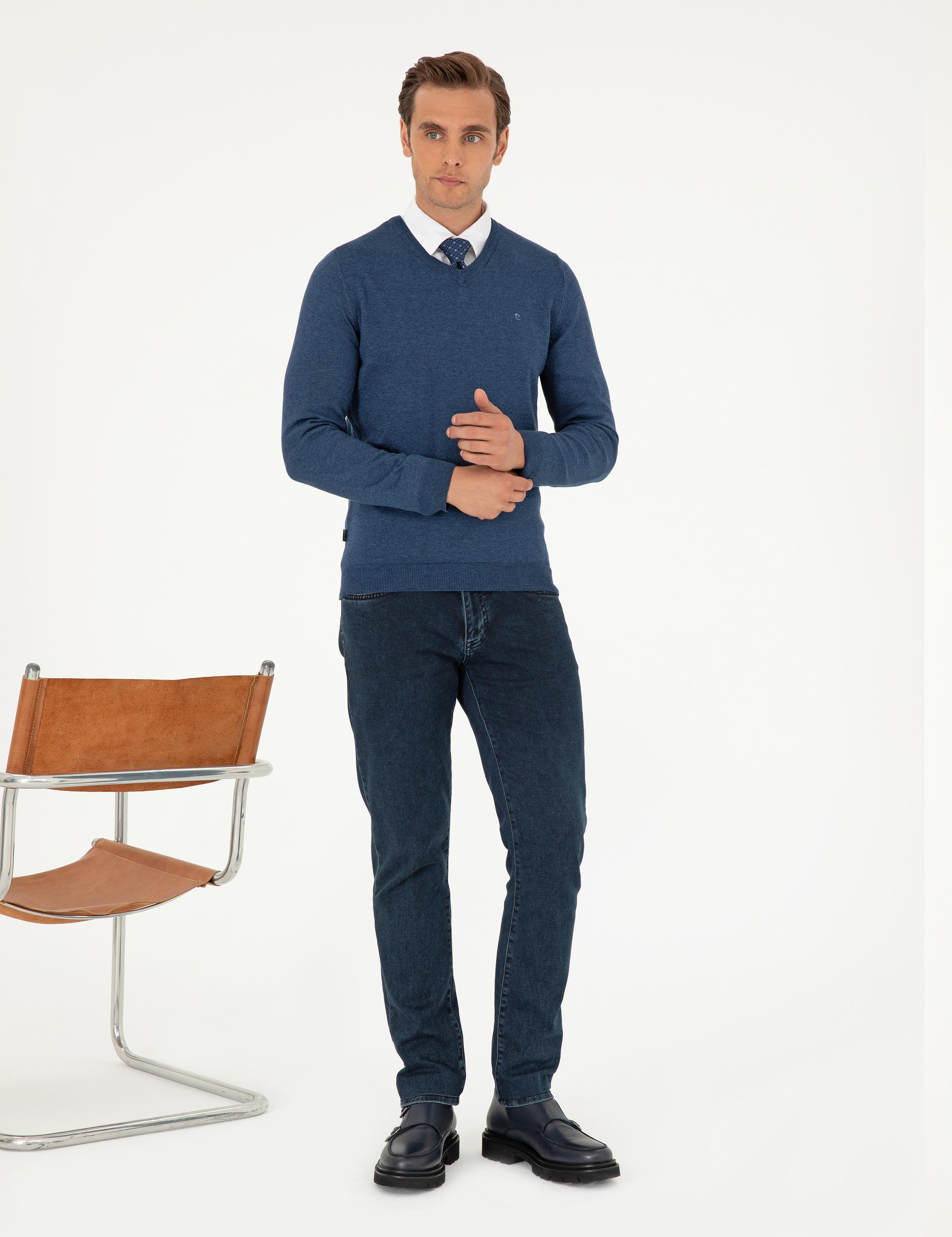 İndigo Melanj Slim Fit V Yaka Basic Triko Kazak