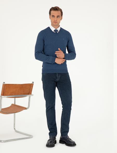 İndigo Melanj Slim Fit V Yaka Basic Triko Kazak - 50296622057