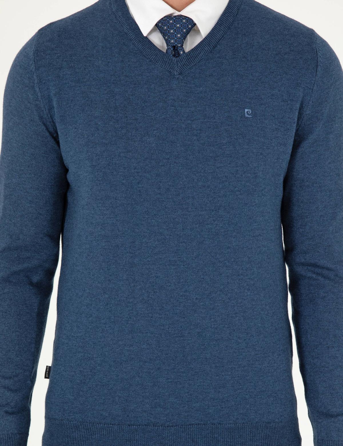 İndigo Melanj Slim Fit V Yaka Basic Triko Kazak - 50296622057