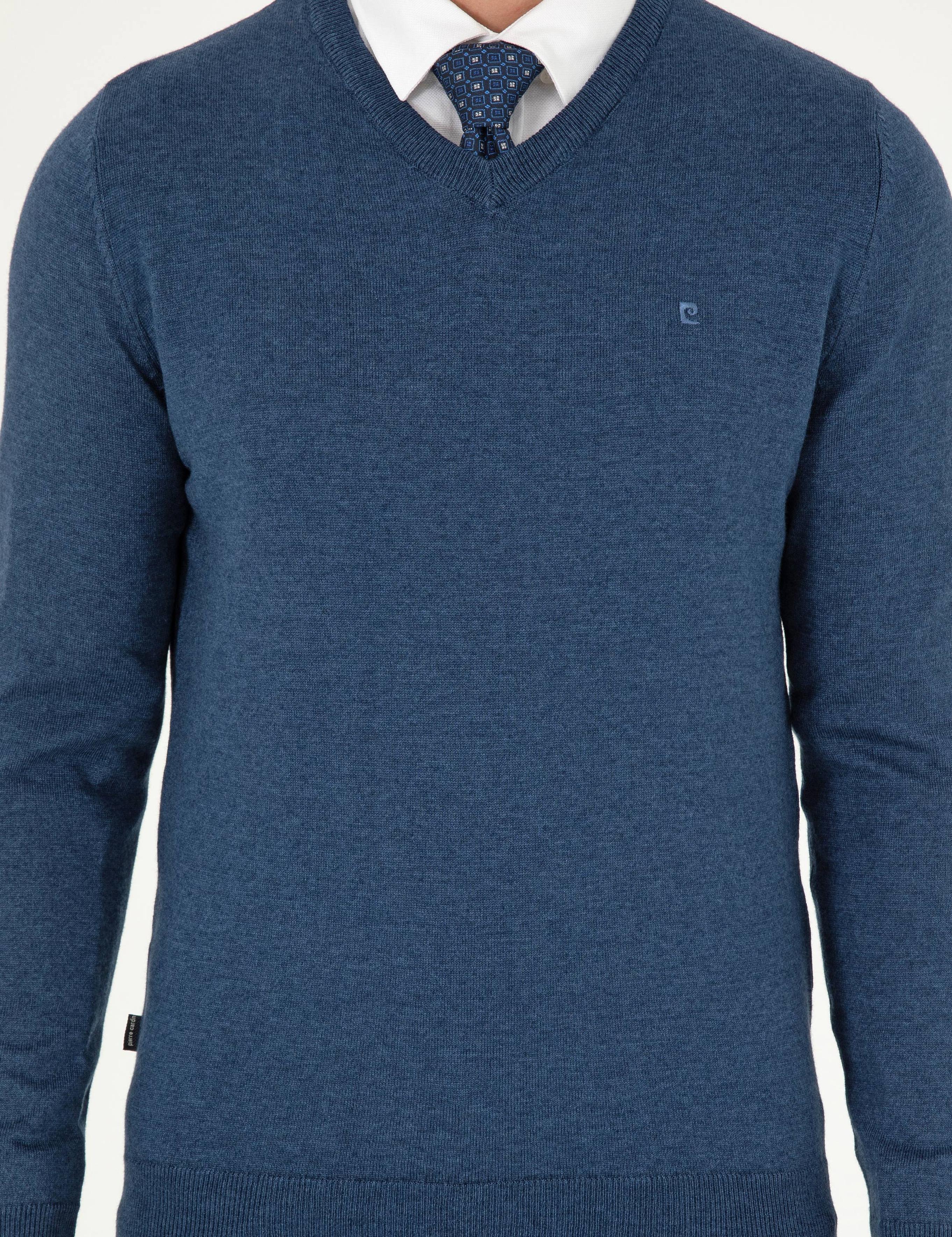 İndigo Melanj Slim Fit V Yaka Basic Triko Kazak