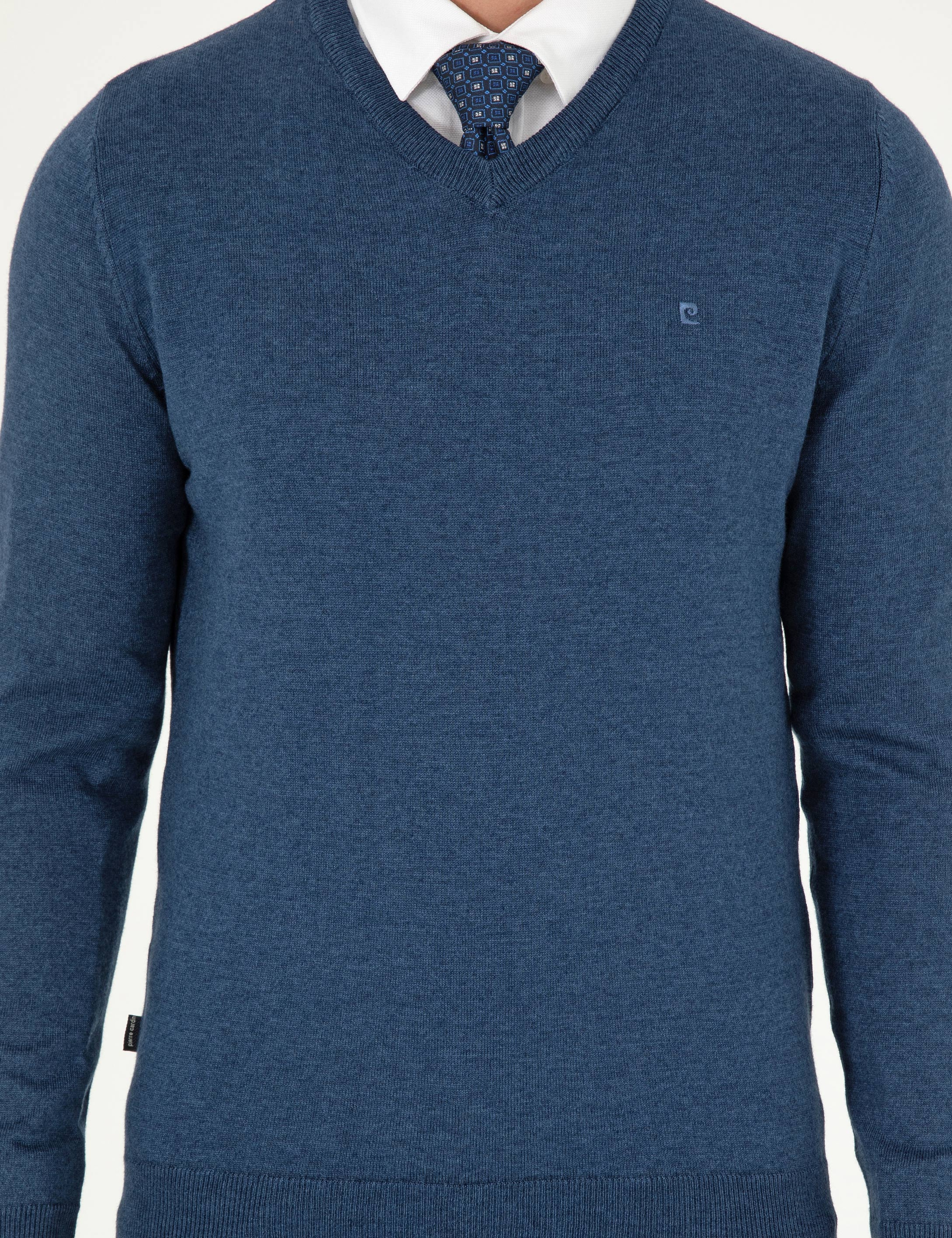 İndigo Melanj Slim Fit V Yaka Basic Triko Kazak - Image 6