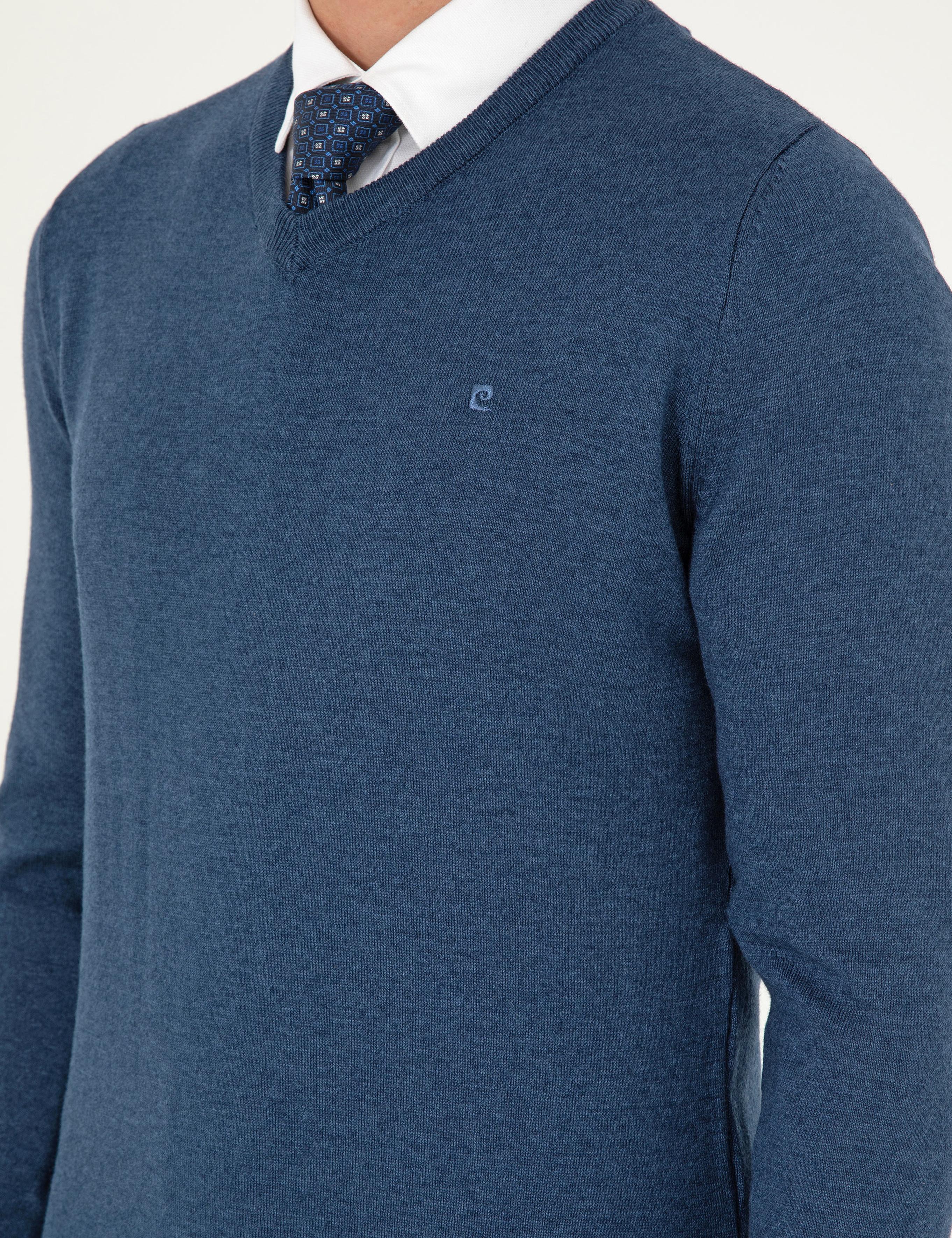 İndigo Melanj Slim Fit V Yaka Basic Triko Kazak