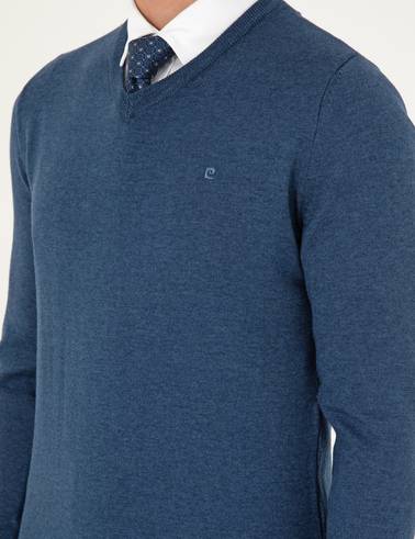 İndigo Melanj Slim Fit V Yaka Basic Triko Kazak