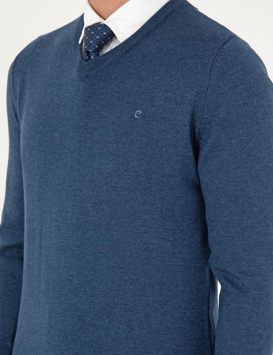 İndigo Melanj Slim Fit V Yaka Basic Triko Kazak