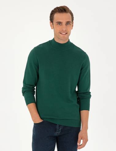 Yeşil Slim Fit Yarım Balıkçı Yaka Basic Triko Kazak