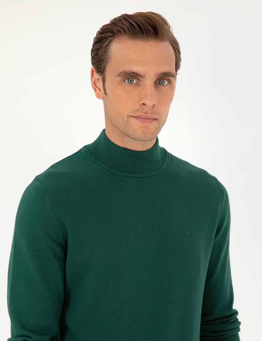Yeşil Slim Fit Yarım Balıkçı Yaka Basic Triko Kazak