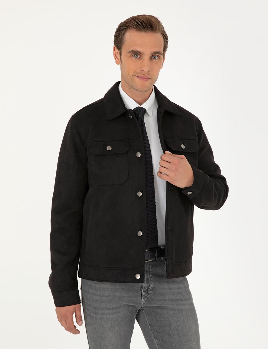 Siyah Gömlek Yaka Suni Deri Ceket