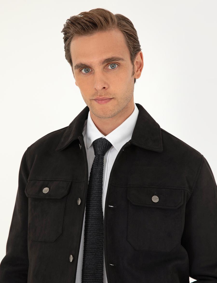 Siyah Gömlek Yaka Suni Deri Ceket