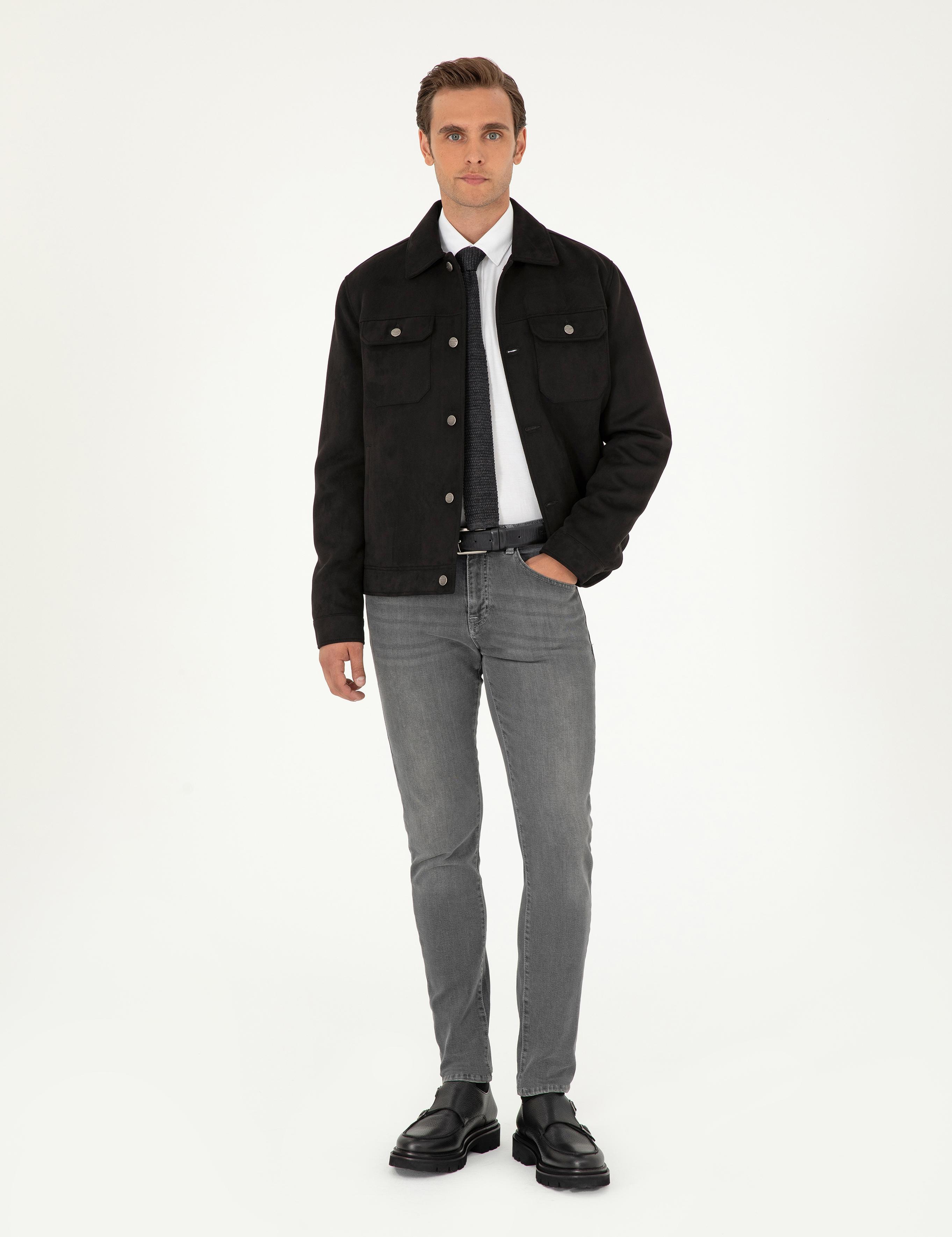 Siyah Gömlek Yaka Suni Deri Ceket