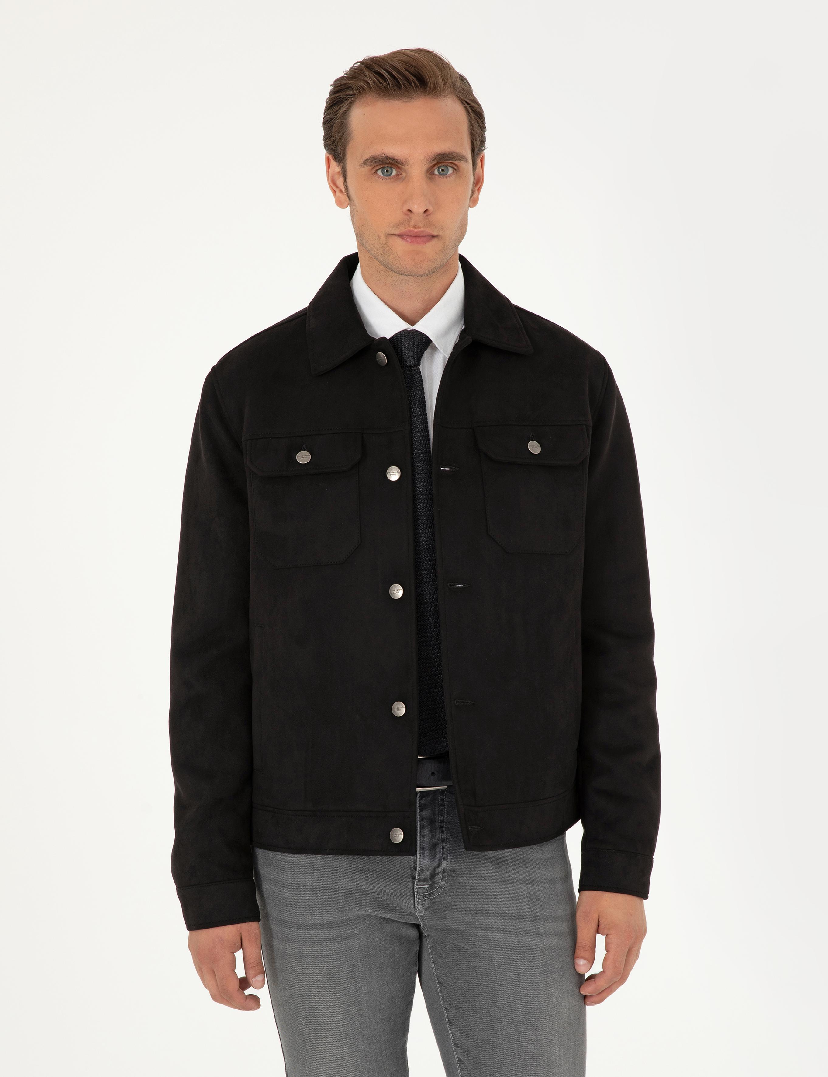 Siyah Gömlek Yaka Suni Deri Ceket