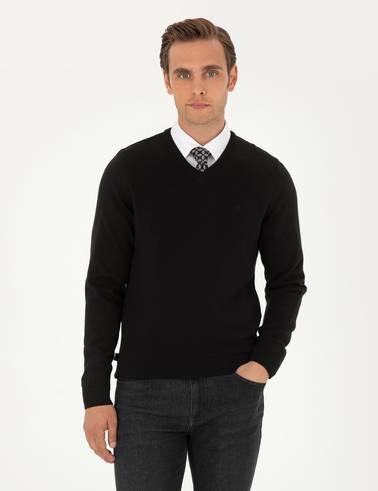 Siyah Slim Fit V Yaka Basic Triko Kazak