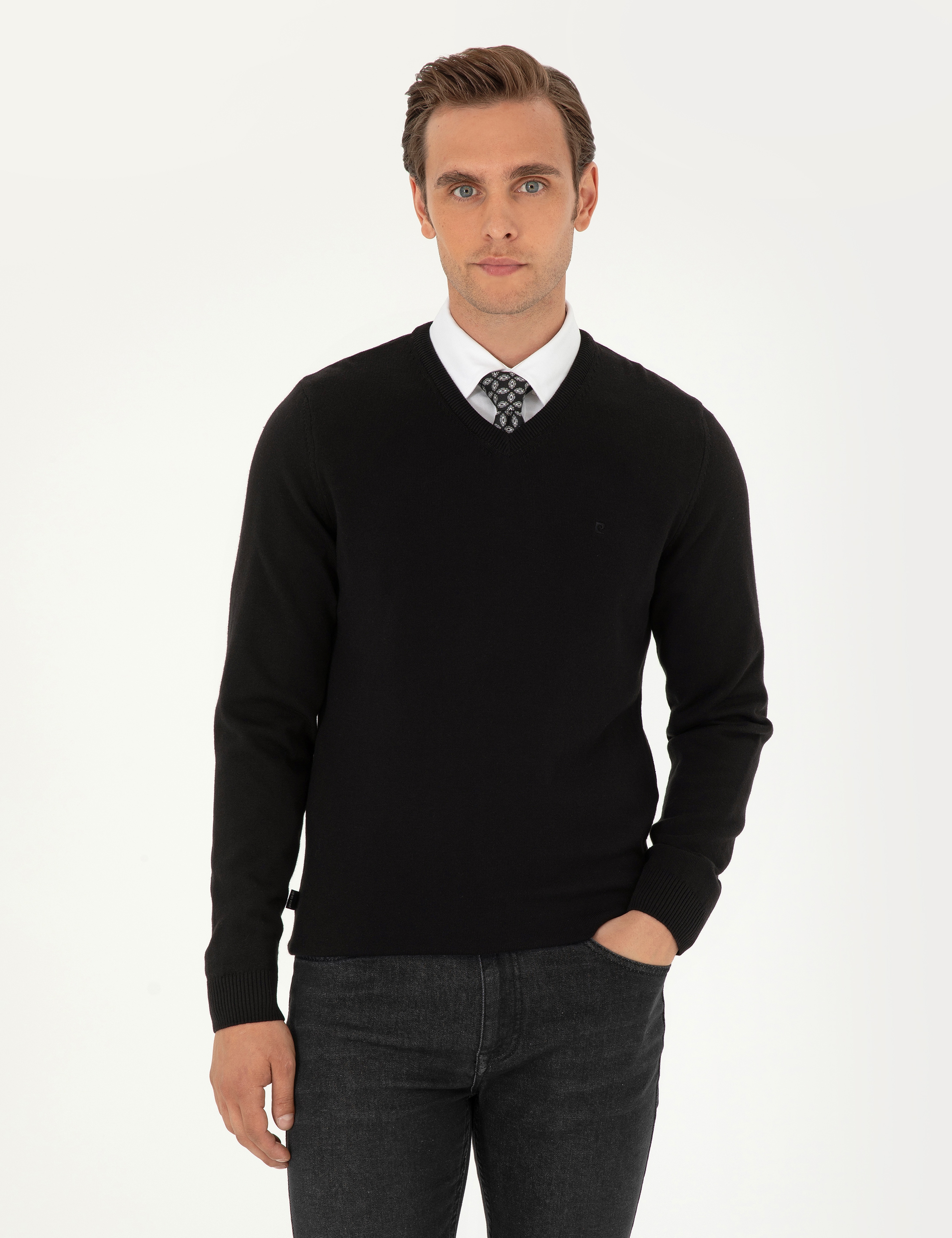 Siyah Slim Fit V Yaka Basic Triko Kazak - Image 1