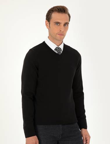 Siyah Slim Fit V Yaka Basic Triko Kazak