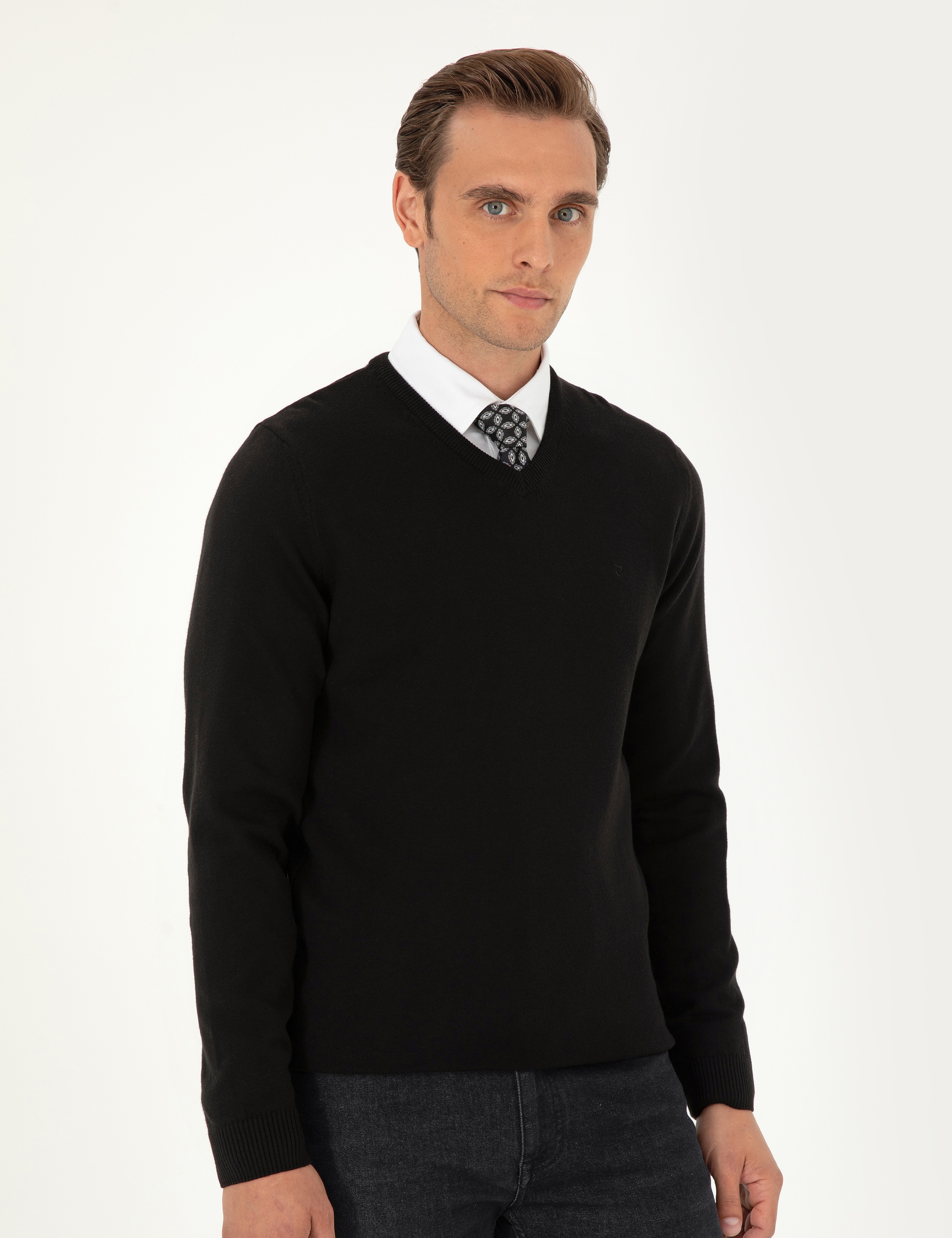 Siyah Slim Fit V Yaka Basic Triko Kazak - Image 3