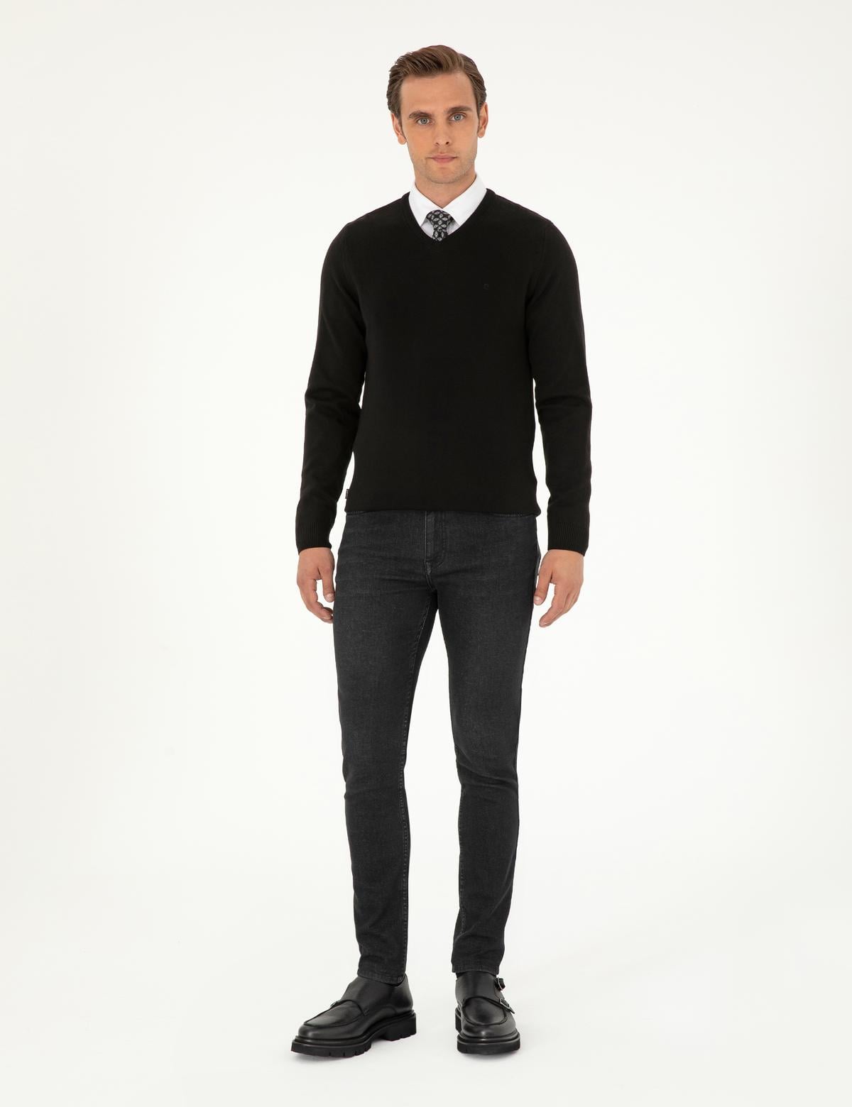 Siyah Slim Fit V Yaka Basic Triko Kazak - 50296583007