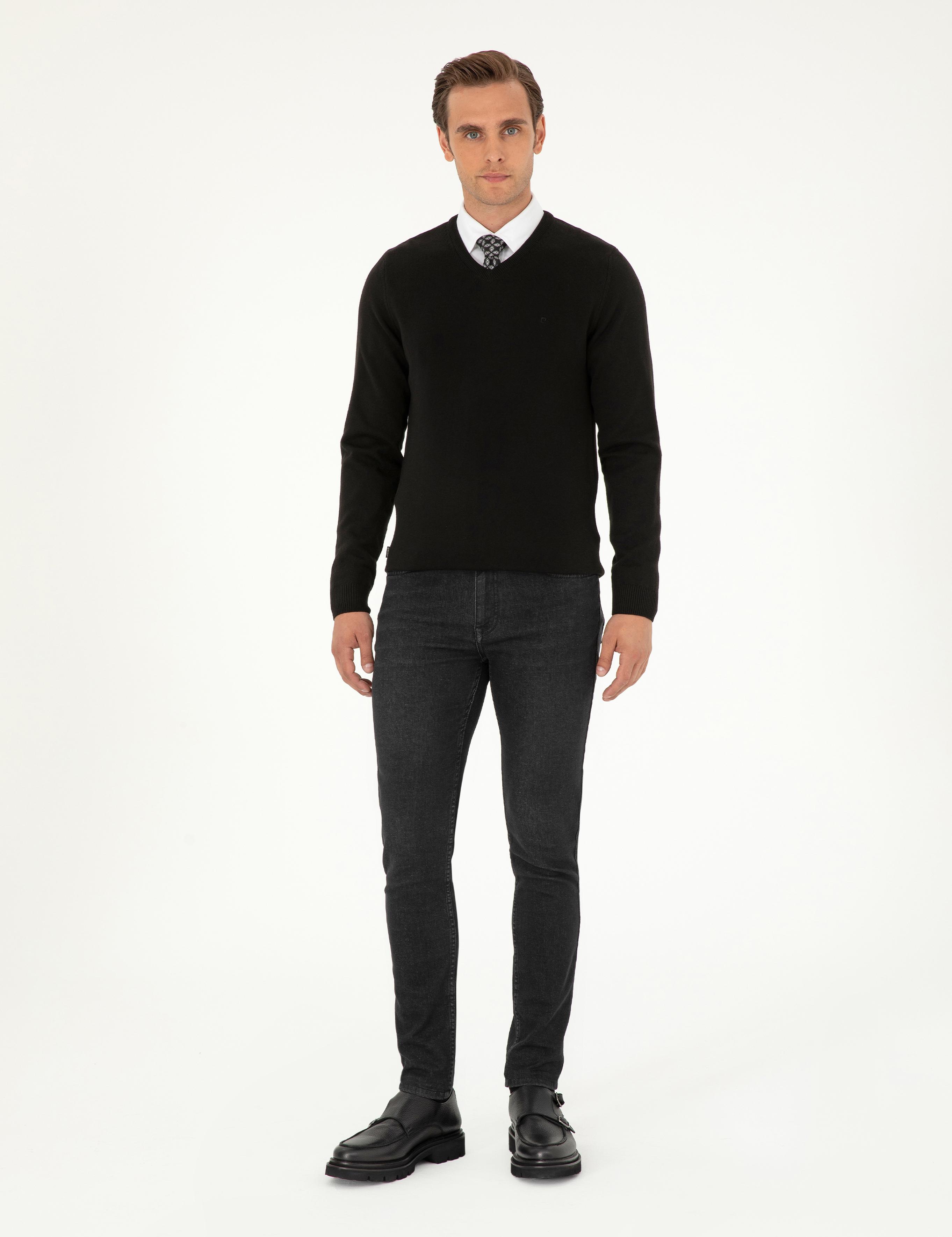 Siyah Slim Fit V Yaka Basic Triko Kazak