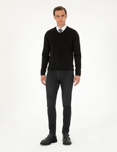 Siyah Slim Fit V Yaka Basic Triko Kazak