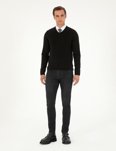 Siyah Slim Fit V Yaka Basic Triko Kazak - 50296583007