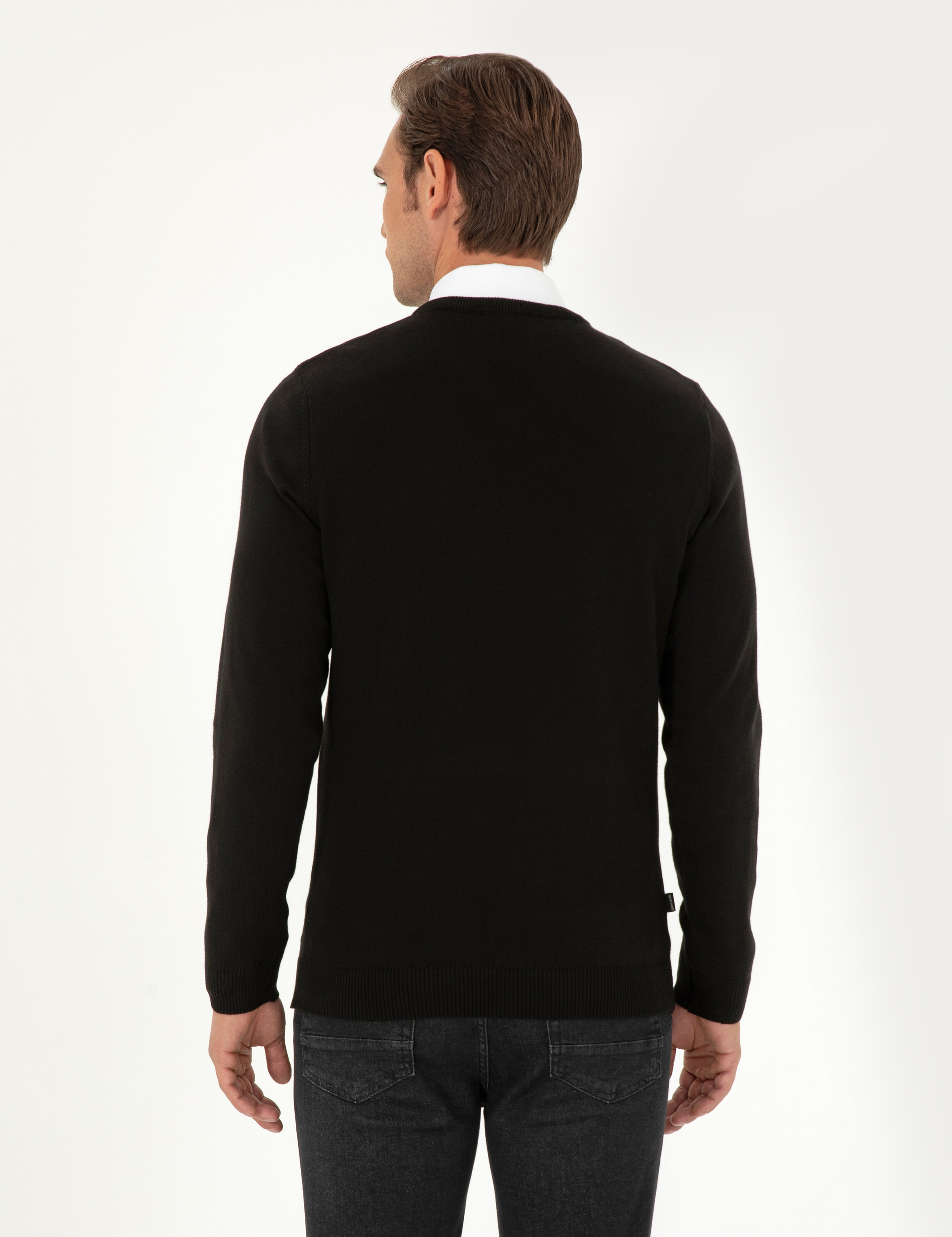 Siyah Slim Fit V Yaka Basic Triko Kazak - Image 5