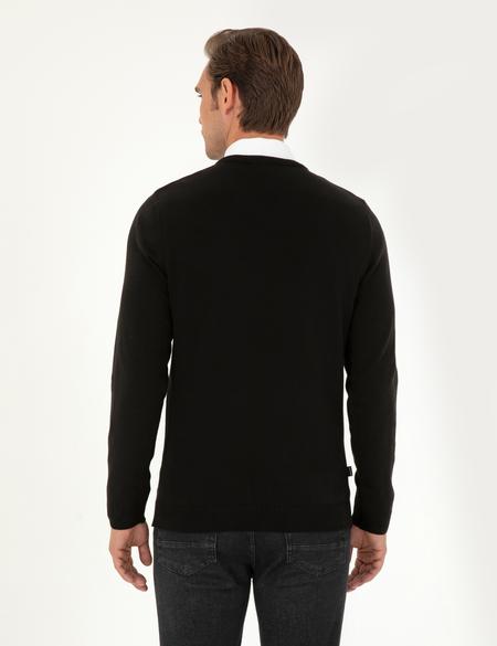 Siyah Slim Fit V Yaka Basic Triko Kazak - 50296583007