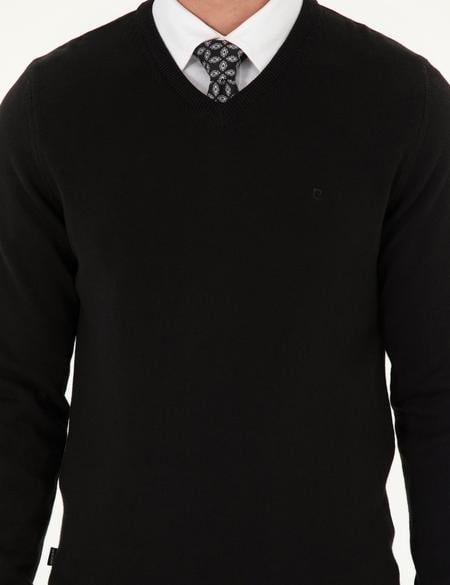 Siyah Slim Fit V Yaka Basic Triko Kazak - 50296583007