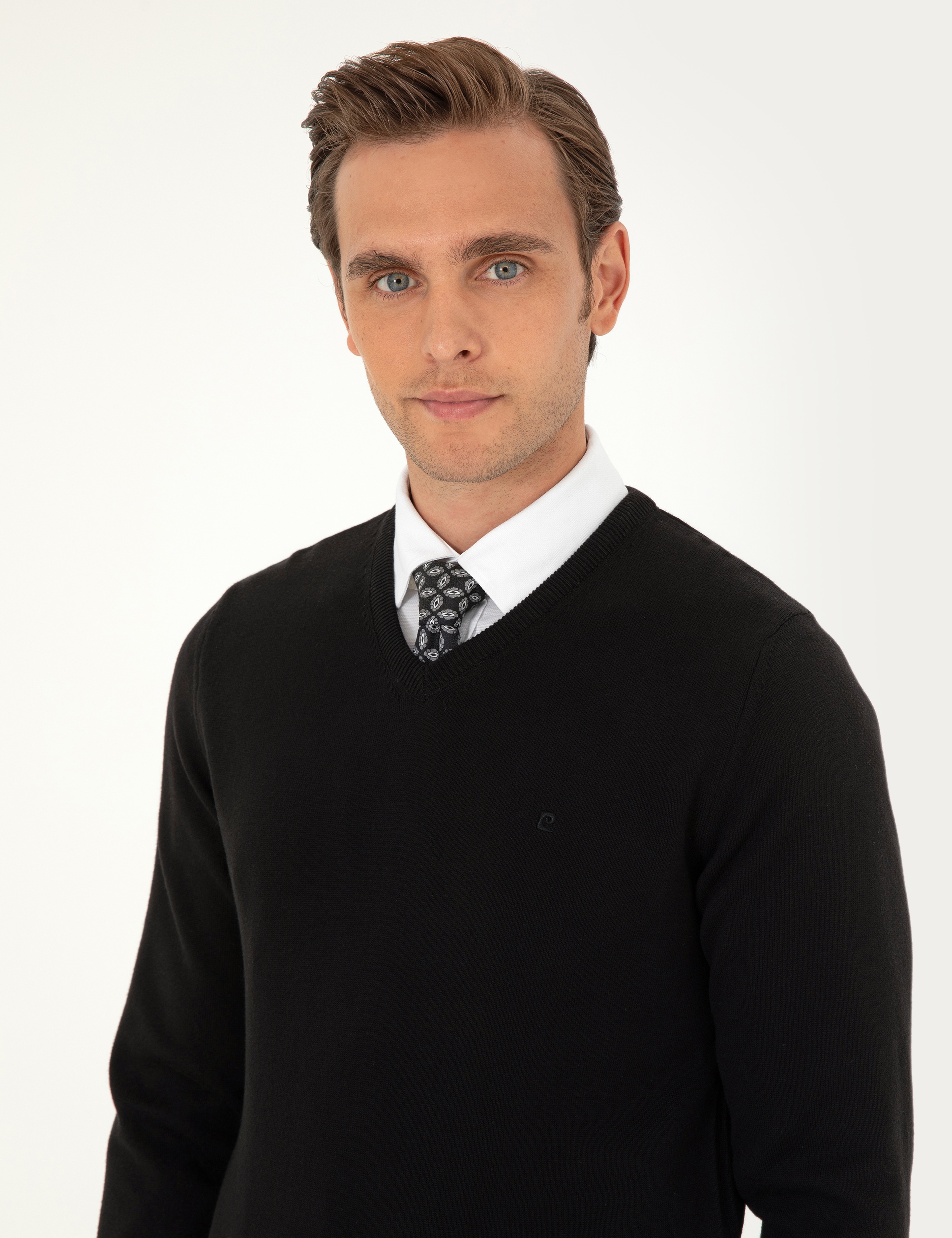 Siyah Slim Fit V Yaka Basic Triko Kazak - Image 2