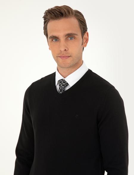 Siyah Slim Fit V Yaka Basic Triko Kazak - 50296583007