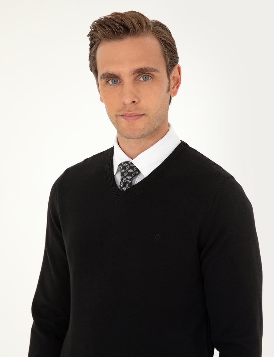 Siyah Slim Fit V Yaka Basic Triko Kazak