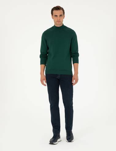 Yeşil Slim Fit Yarım Balıkçı Yaka Basic Triko Kazak