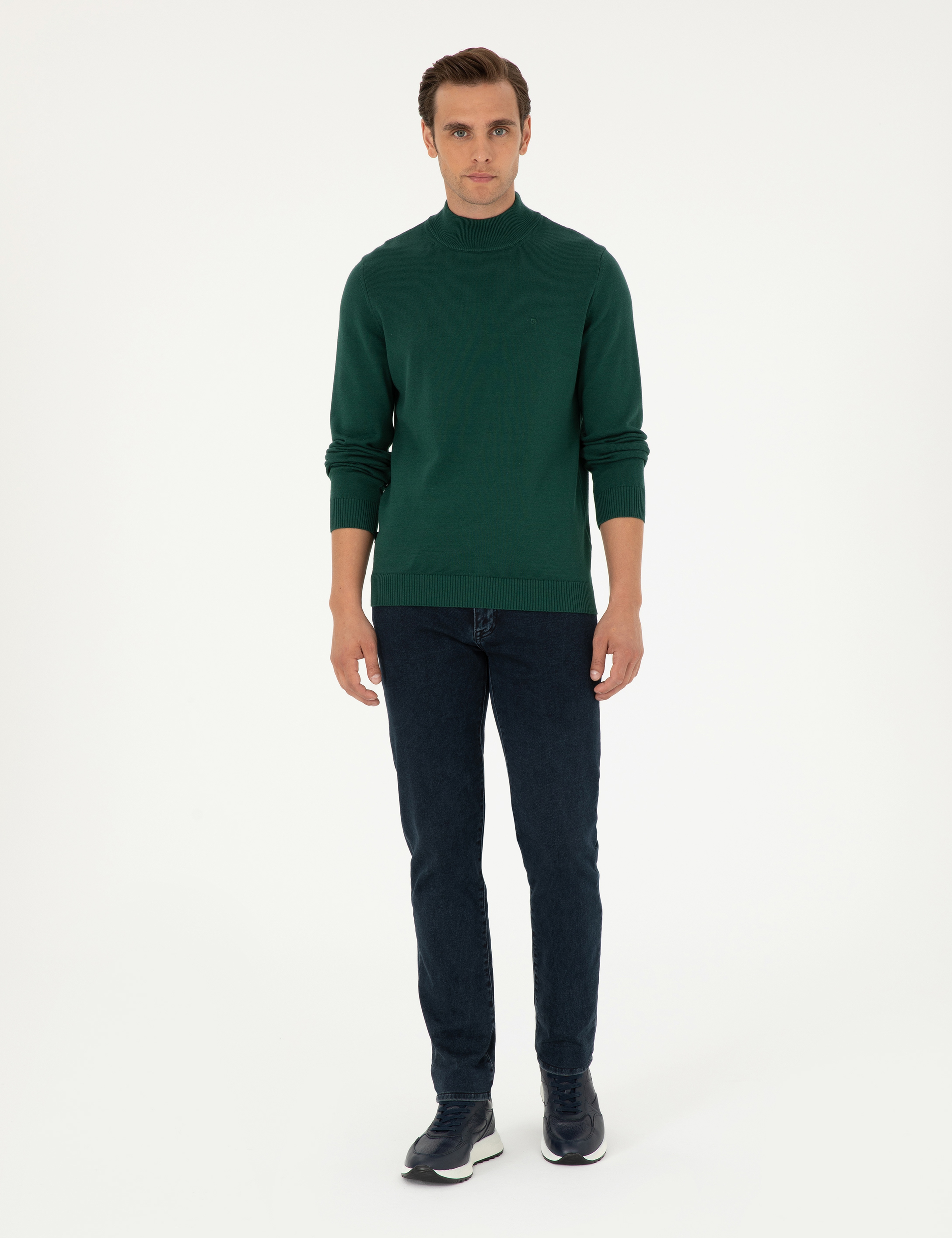 Yeşil Slim Fit Yarım Balıkçı Yaka Basic Triko Kazak - Image 4