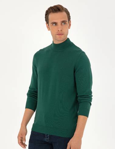 Yeşil Slim Fit Yarım Balıkçı Yaka Basic Triko Kazak