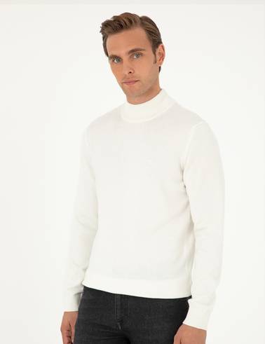 Ekru Slim Fit Yarım Balıkçı Yaka Basic Triko Kazak