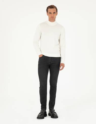 Ekru Slim Fit Yarım Balıkçı Yaka Basic Triko Kazak