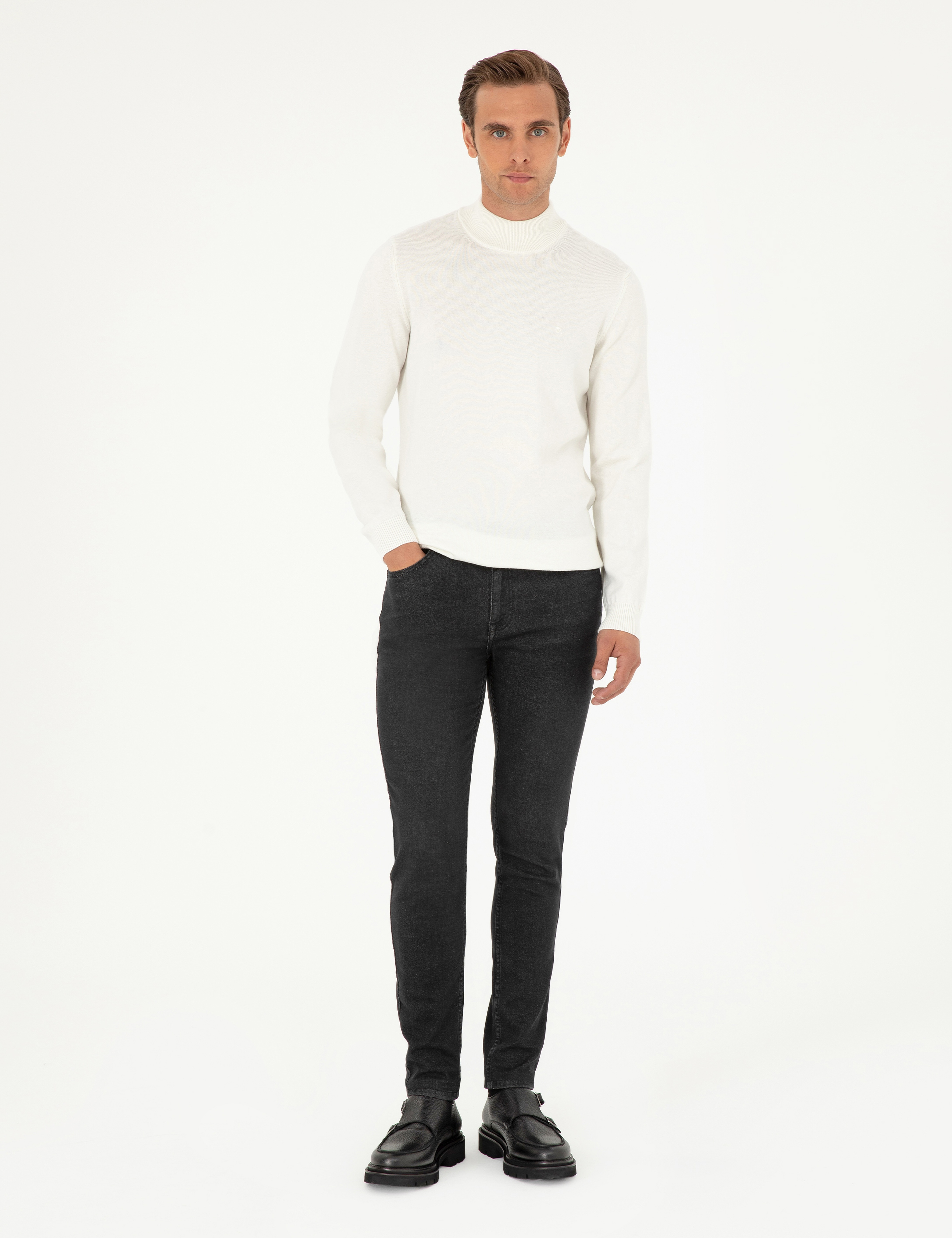 Ekru Slim Fit Yarım Balıkçı Yaka Basic Triko Kazak - Image 4